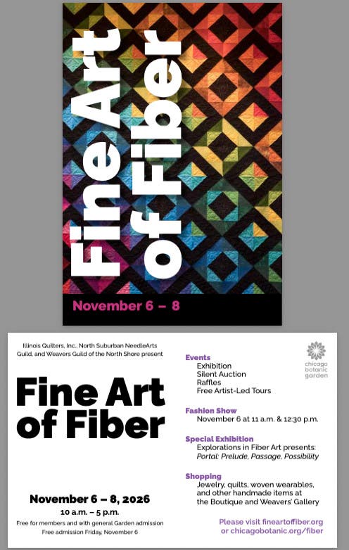 Fine Art of Fiber is running November 6 – 8, 2026 from 10am to 5pm at the Chicago Botanic Garden