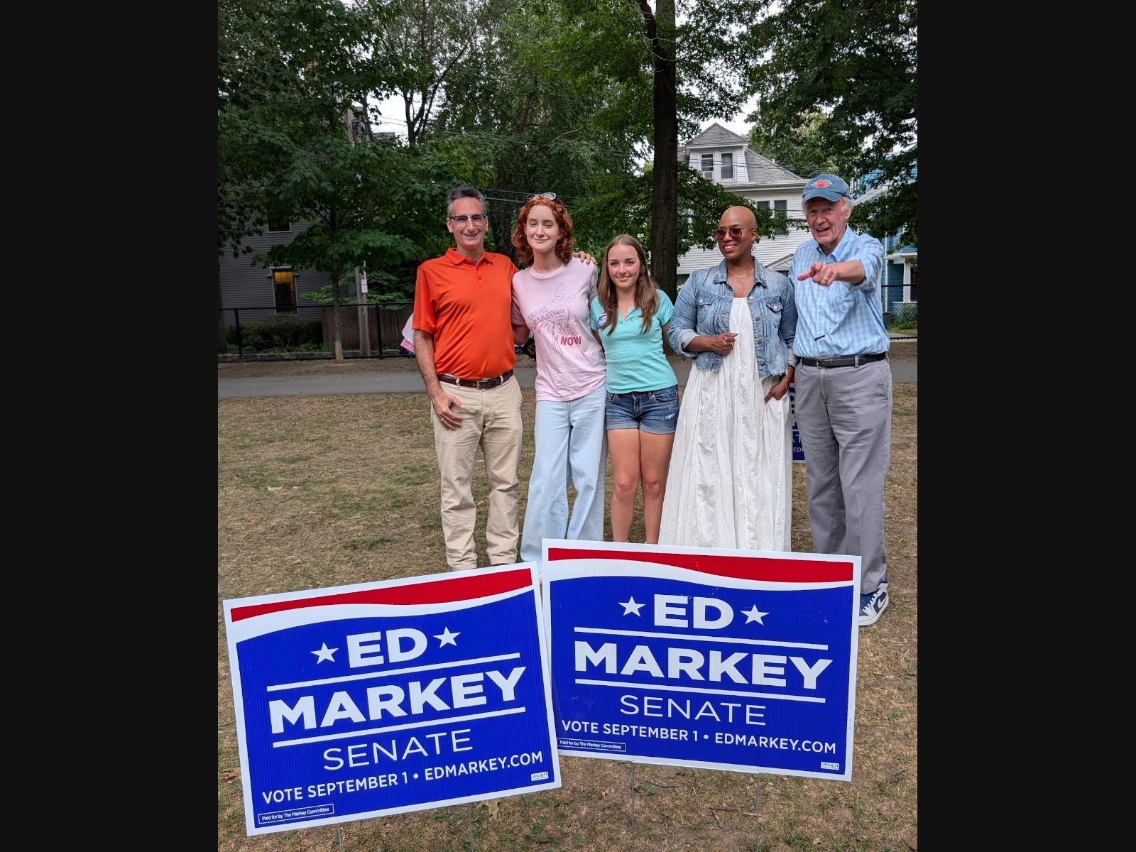 Mass. State Rep. Tommy Vitolo, Tyler Hack, Frankie Muir, Congresswoman Ayanna Pressley, Senator Ed Markey at Brookline's Emerson Park, August 30.