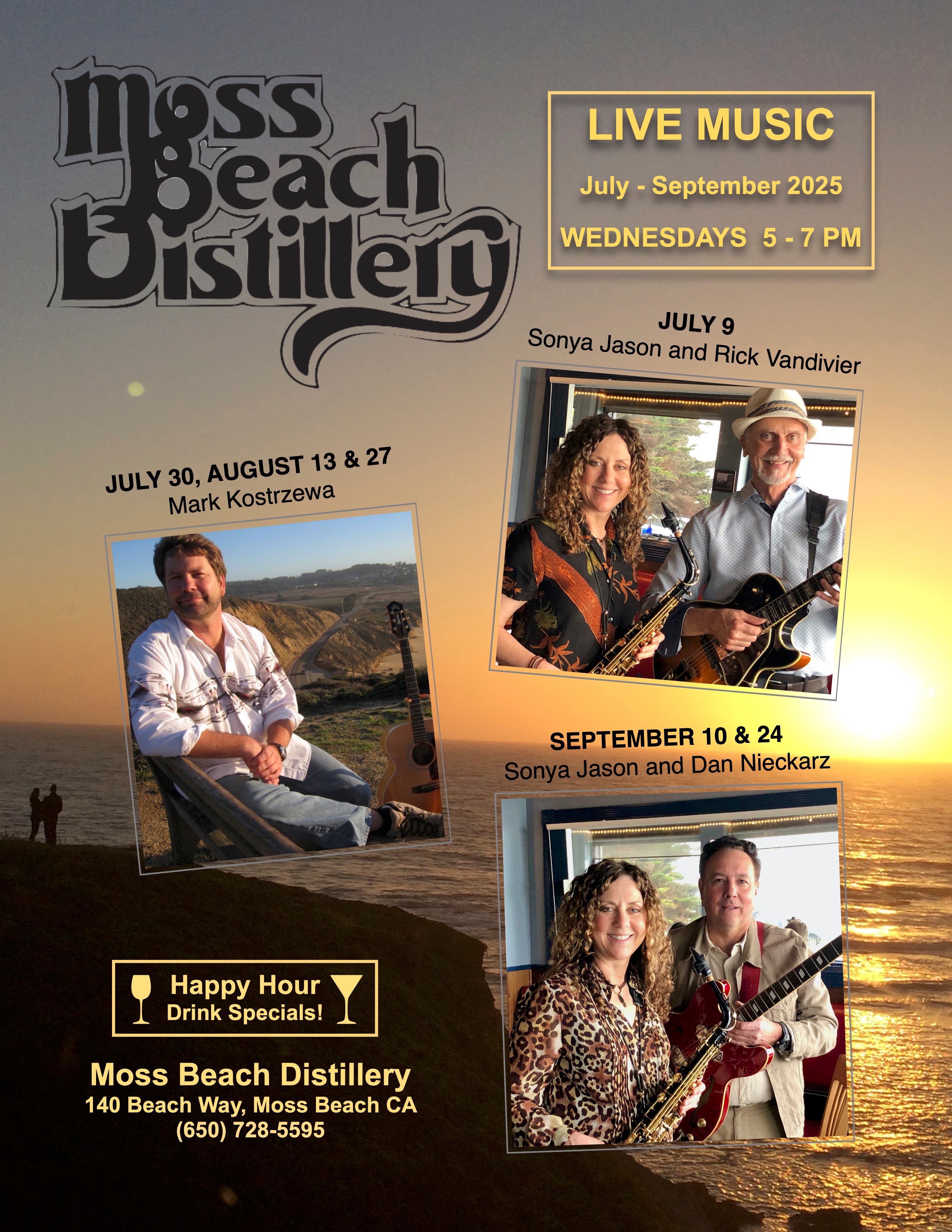🌤🎷🎸Sonya Jason’s “Sunset Sax & Guitar” at Moss Beach Distillery 5-7pm, Open Seating, No Cover