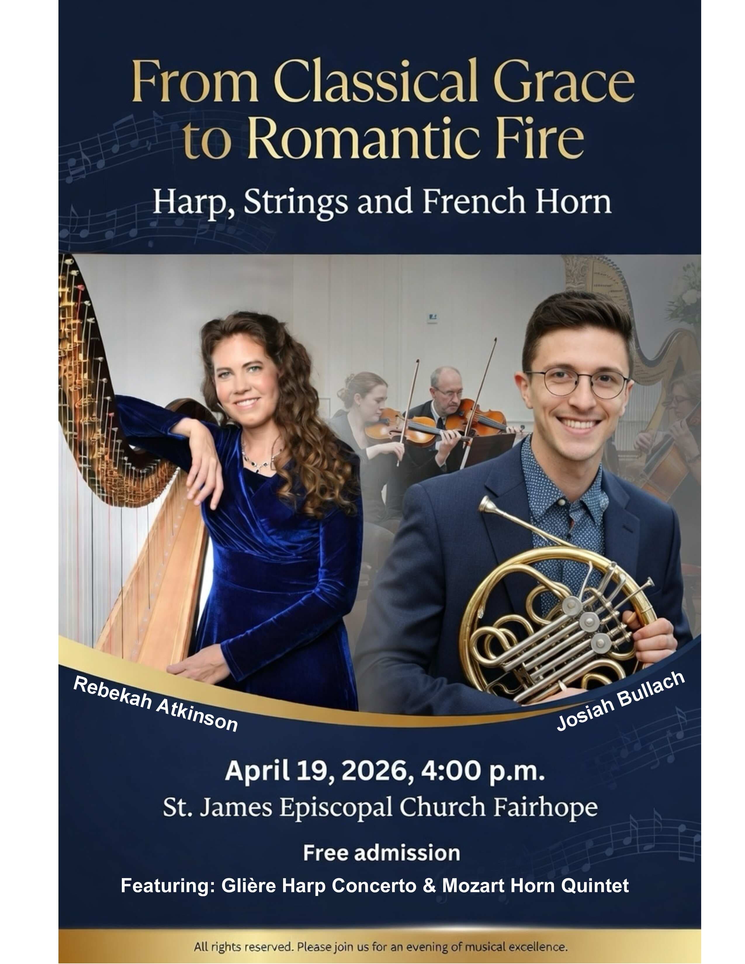 Chamber Concert, Rebekah Atkinson, Harp, Josiah Bullach, Horn and String Quintet
