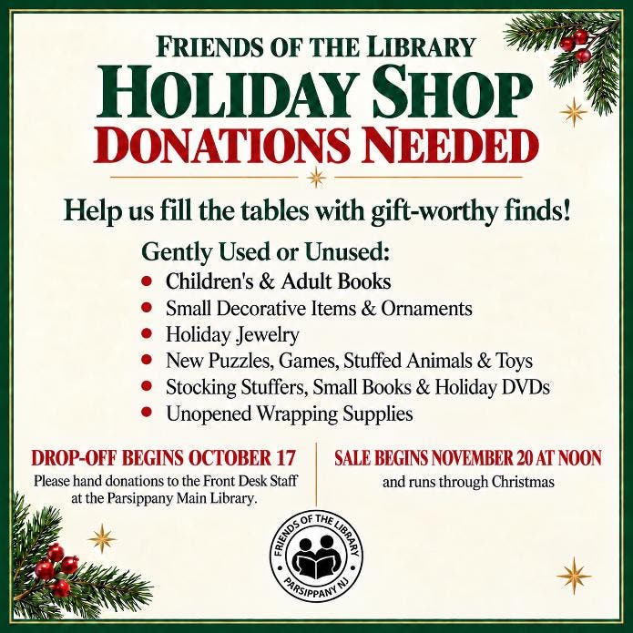 Friends of Parsippany Library Begin to Accept Donations for Holiday Shop