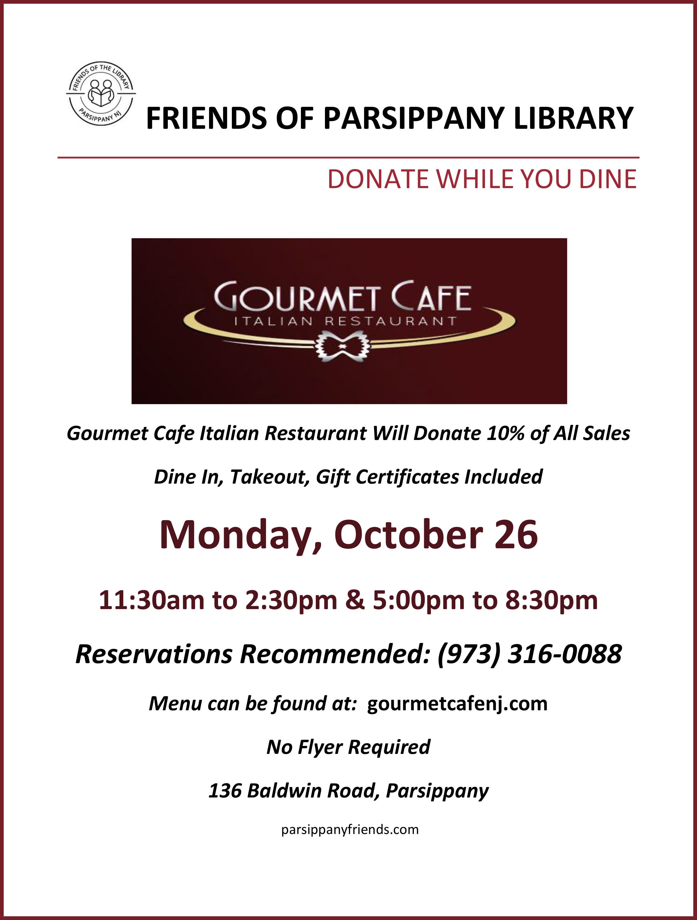 Friends of Parsippany Library Donate While You Dine