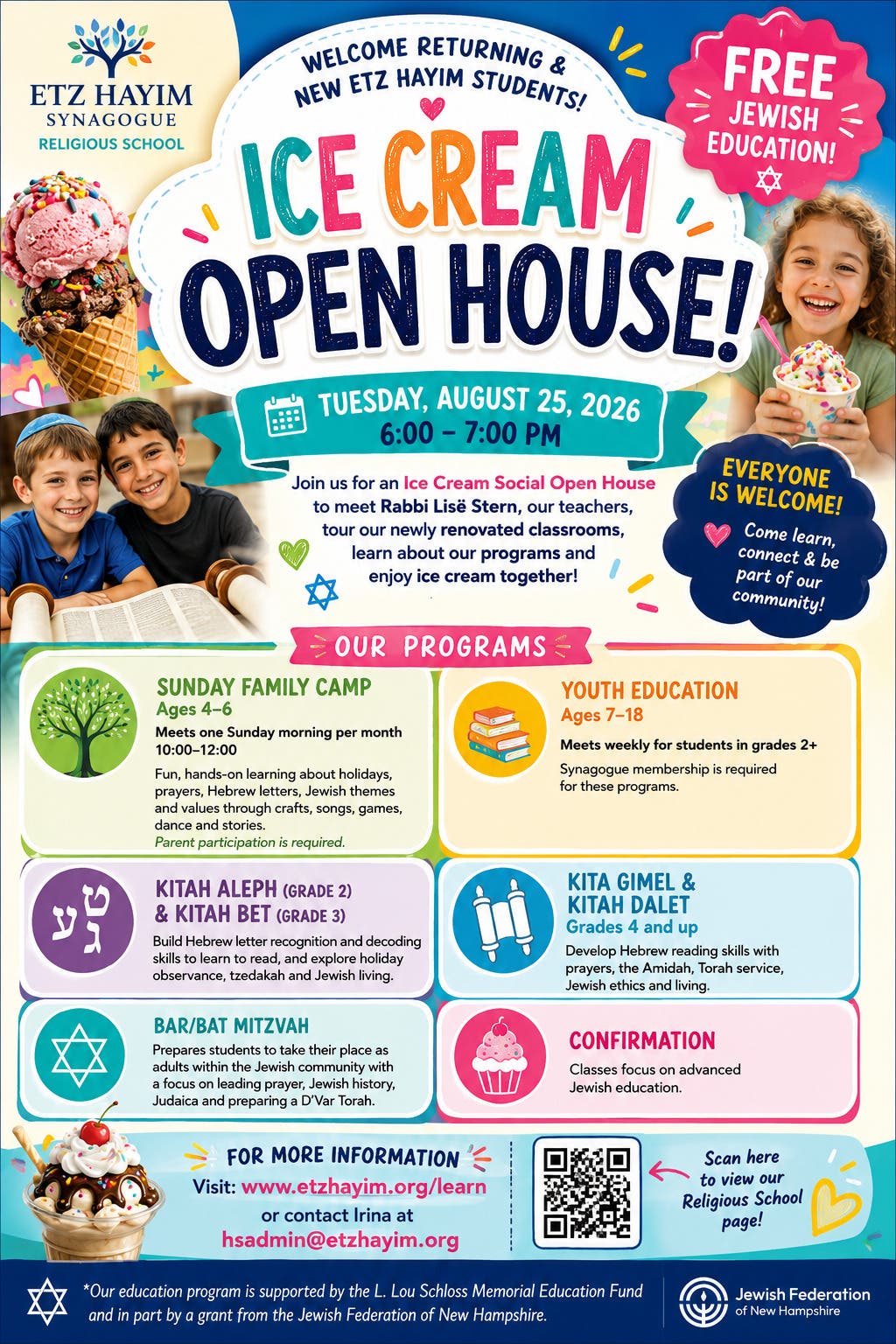 Etz Hayim Synagogue Religious School Ice Cream Social Open House