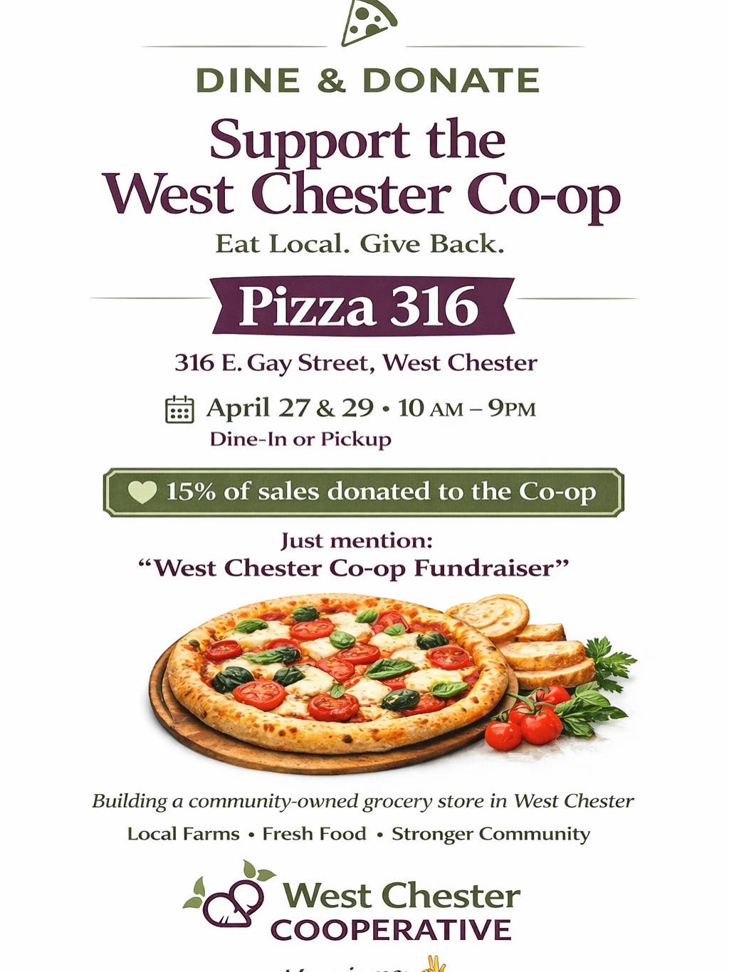 Dine & Donate supporting the West Chester Co-op 💜💚