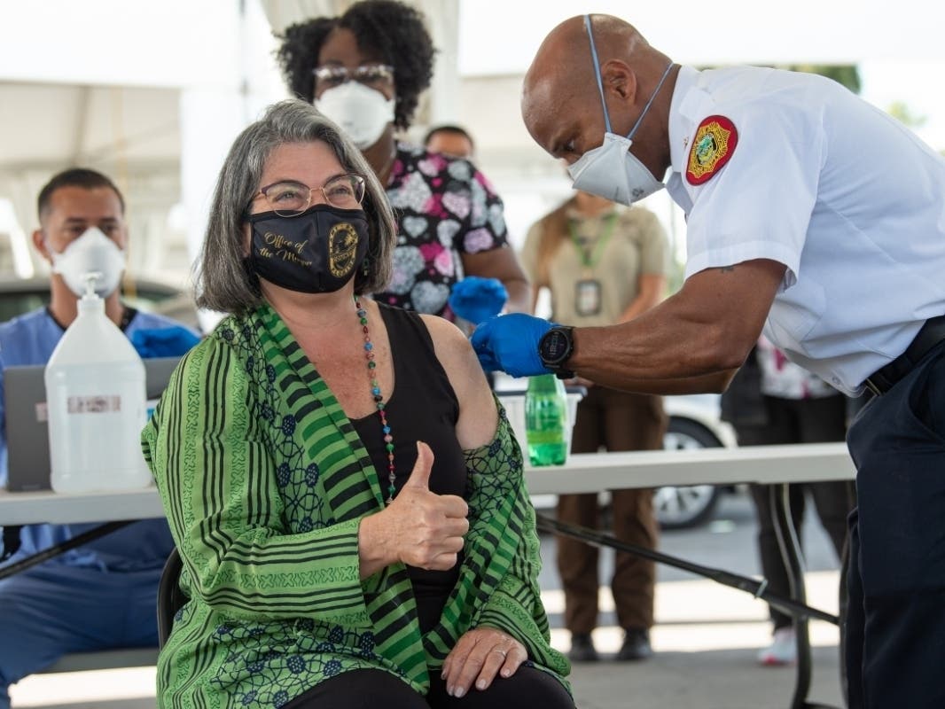 Miami-Dade County Mayor Daniella Levine Cava received her first dose of the COVID-19 vaccine at Tropical Park in Miami Wednesday morning.