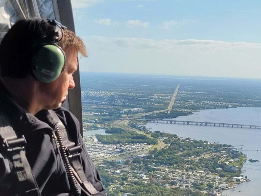 Florida Gov. Ron DeSantis tours the Piney Point reservoir by helicopter.