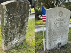 The gravestone of U.S. Army soldier Emery Cooper prior to cleaning (left) and after being cleaned (right) by Trae Zipperer, founder of By Memorial Day. Cooper died by accidental drowning in 1943 at Fort Dix. He’s buried at Palmetto’s Old Memphis Cemetery.