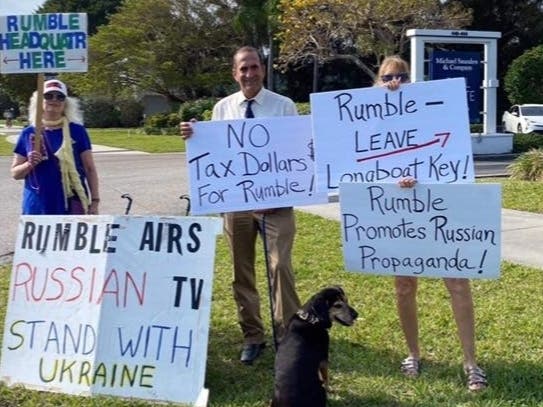 As Rumble, a YouTube alternative, continues to offer a platform to RT, Russian state-controlled news, during Russia's ongoing invasion of Ukraine, some Sarasota County residents are protesting the company's opening of a U.S. headquarters in Longboat Key.