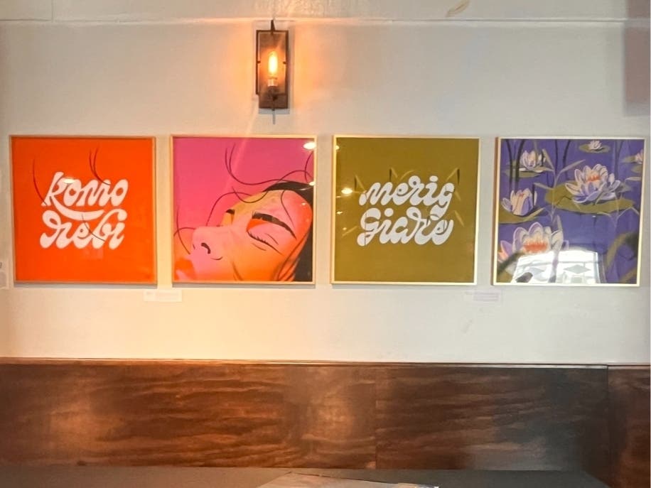 A group art exhibition of hand lettering featuring work by Tasko, Sydney Prusso, Leo Gomez and Sun Signs is on display at Bayboro Brewing.