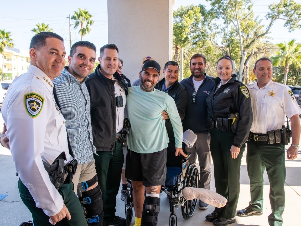 45 days after being run over by a suspect, Hillsborough County Deputy Carlos Brito returns home to his family following stays at Tampa General Hospital and a rehabilitation facility in Largo.