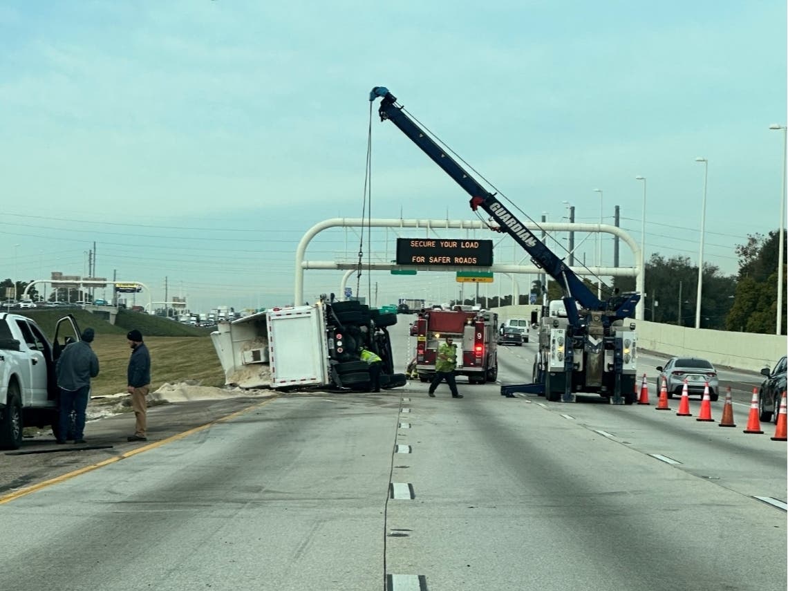 A pick-up truck, whose driver was seriously injured, also overturned during the Wednesday morning crash in Tampa, Florida Highway Patrol said. 