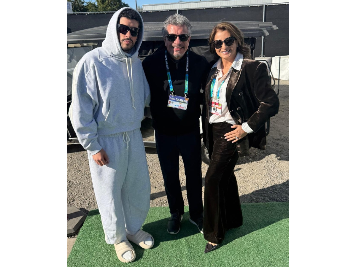 Giancarlo Guerrero, center, the classical conductor who serves as the music director for Sarasota Orchestra appeared in Bad Bunny’s (left) Super Bowl LX halftime show at Levi’s Stadium in the San Francisco Bay area on Sunday night.