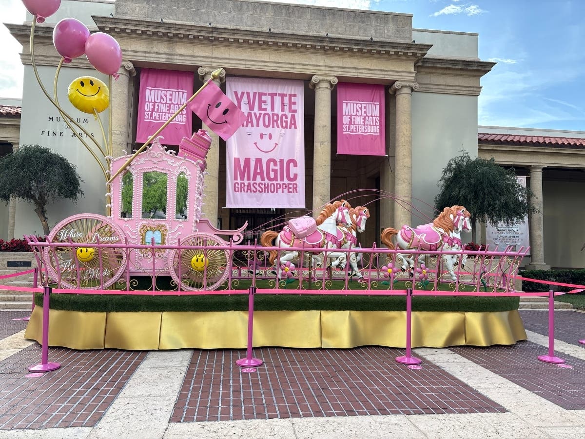 Yvette Mayorga’s 30-foot-long “Magic Grasshopper” sculpture on display outside the Museum of Fine Arts in St. Pete was vandalized, police said.