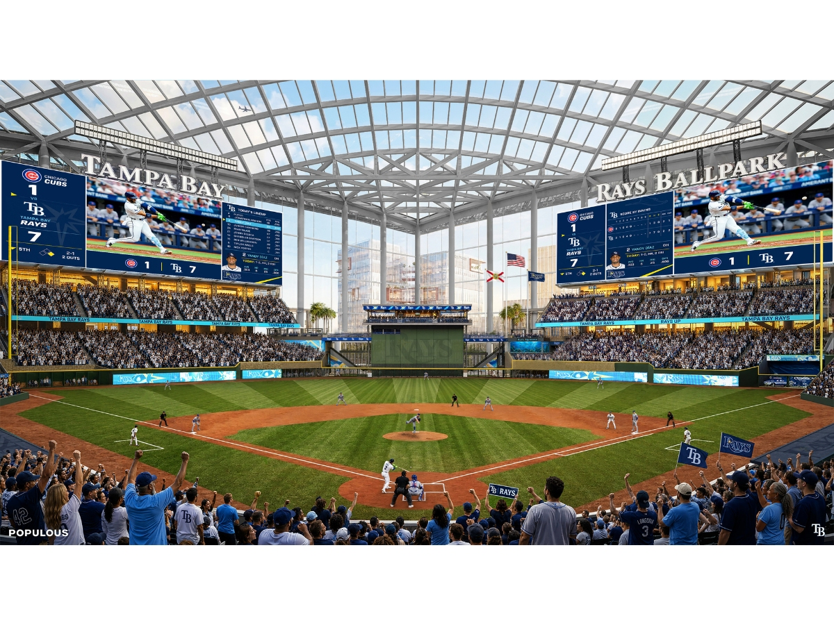 The Tampa Bay Rays released five interior renderings of the team’s proposed “Forever Home” ballpark, offering fans a first look at design features of the proposed Tampa project.