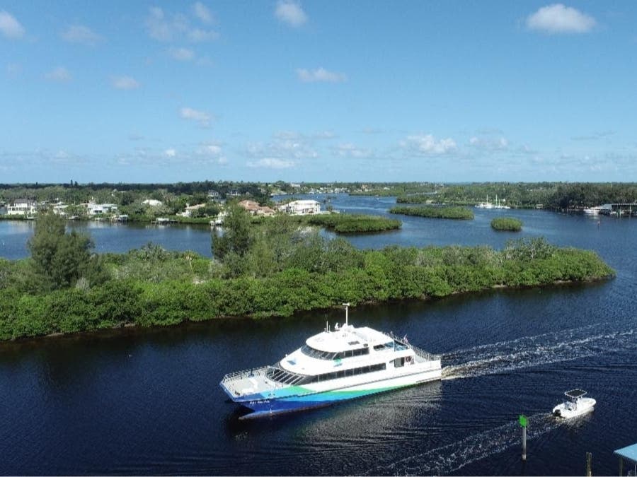 The first of two vessels offering a cross-bay ferry service between St. Petersburg and Tampa has arrived in Pinellas County, PSTA said.