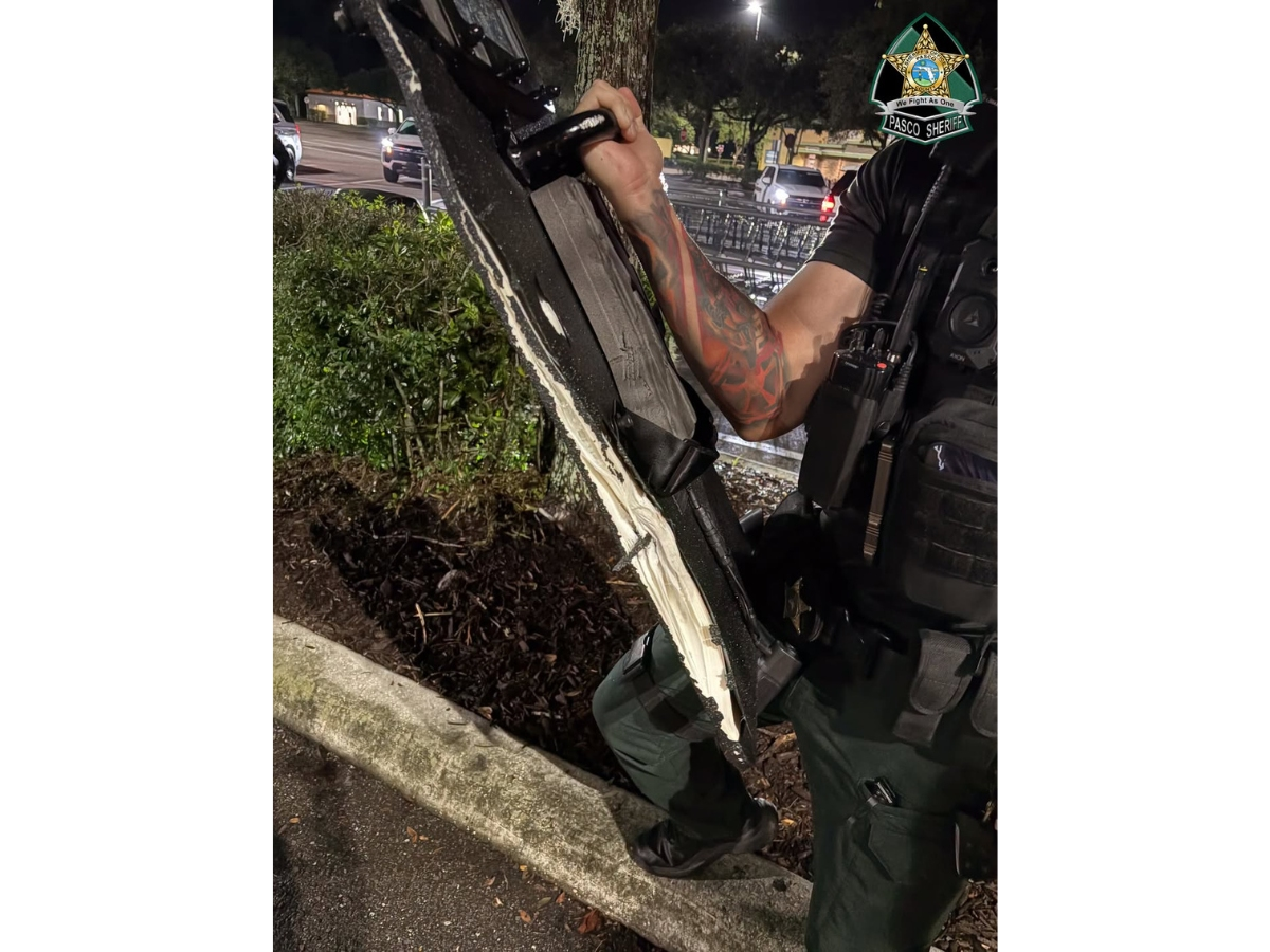 A man died from a self-inflicted gunshot wound after a standoff with deputies at an apartment complex, the Pasco Sheriff's Office said. The agency released a photo, above, showing bullet damage to the tactical shield used during the incident.