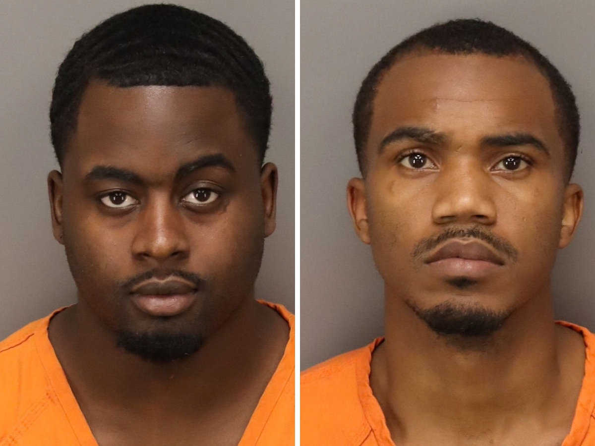 A woman sitting in a car parked outside a St. Pete restaurant was injured after being struck by gunfire. Two men, Ira Jenkins, 23, left, and Johnathon Evans, 21, right, were arrested in connection with the shooting, police said. 