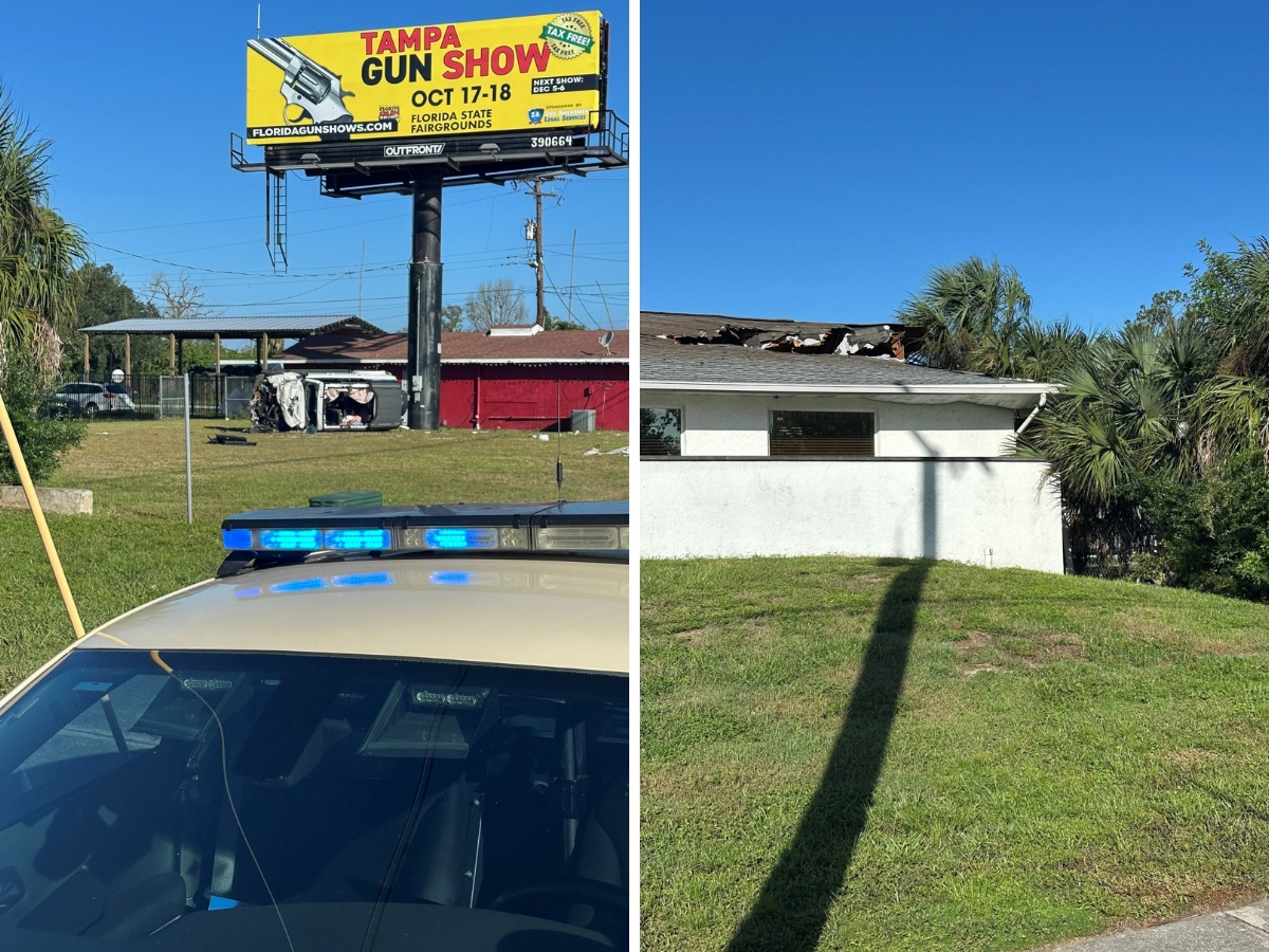 A Bradenton woman was seriously injured after she drove off the road in the Ruskin area, became airborne, and landed atop a commercial building, FL troopers said.