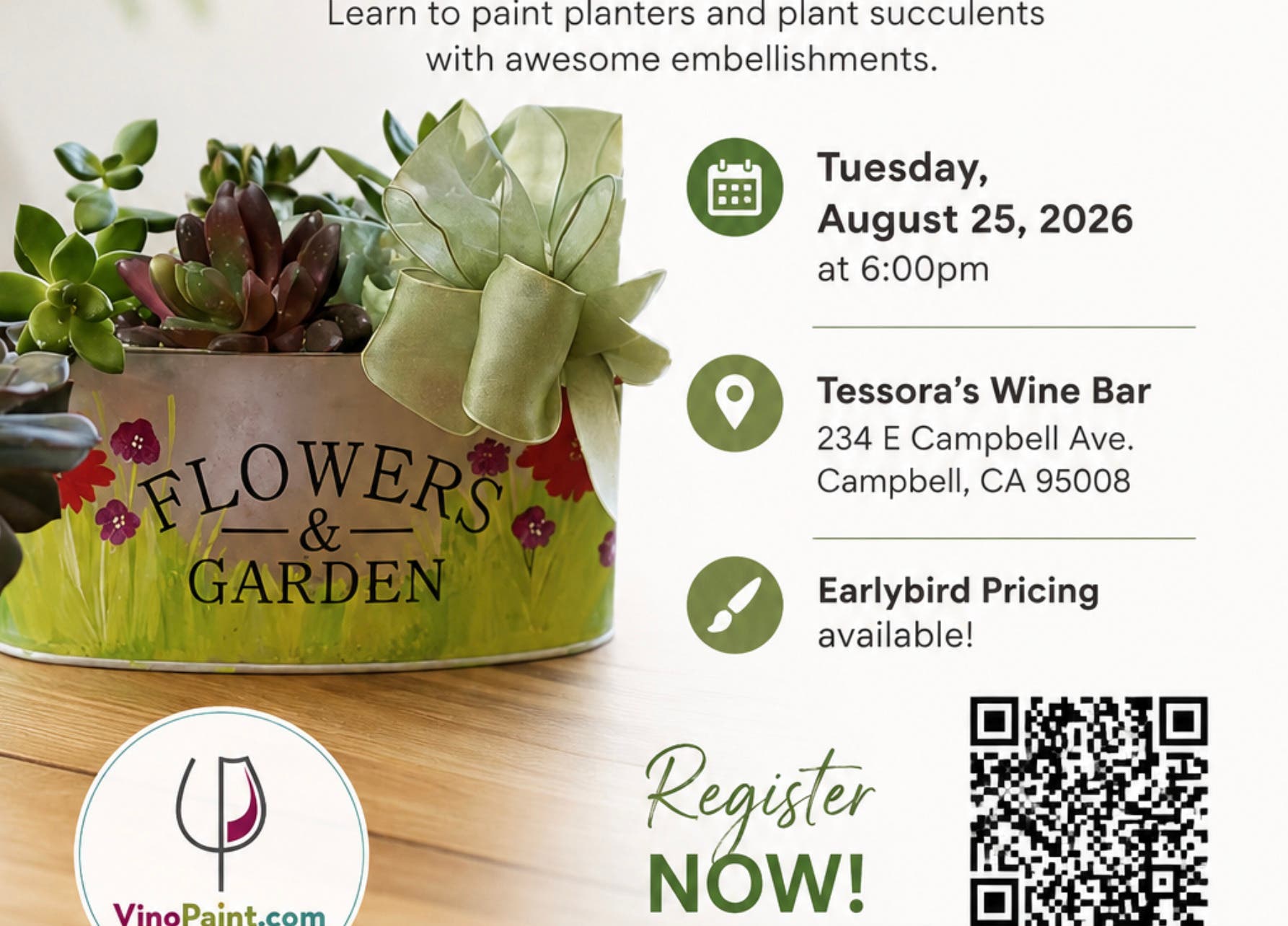 VinoPaint: Succulent with Painted Planter Class – Tessoras 08/25/26, 6pm