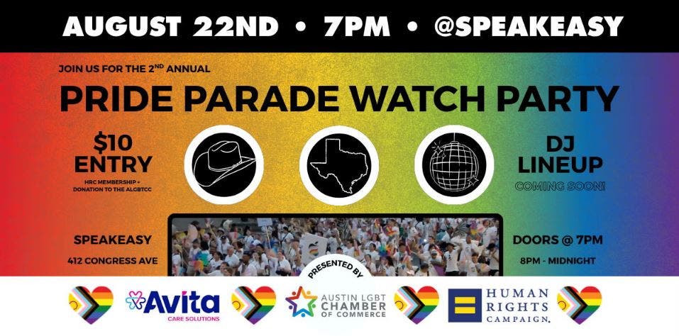Pride Parade Watch Party with ALGBTCC + HRC Austin + Avita