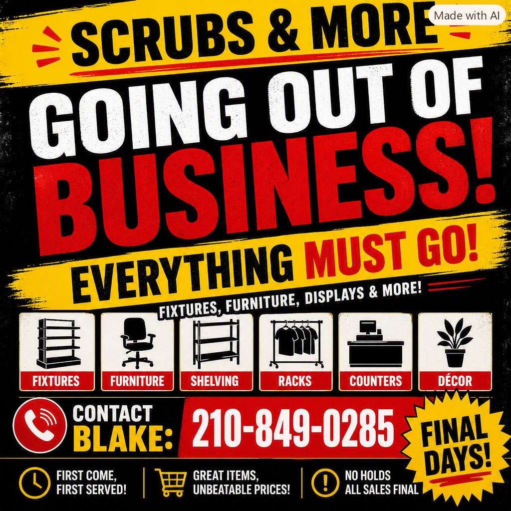 Scrubs and More Closing Permanently -Fixtures and Furniture For Sale 
