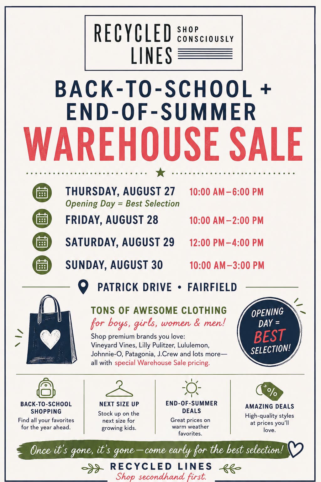 Recycled Lines Back-to-school + End-of-summer Warehouse Sale