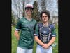 Senior tri-captain Alessandro of North Caldwell is joined by his batterymate, sophomore catcher Lucas Barbetta after the latter's big home run was difference in MKA's important 2-1 win at Cedar Grove on April 19. 