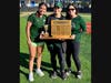 Montclair resident Jessica Sarfati (center), the head coach at Montclair Kimberley Academy, holds the state prep B-Division Tournament championship trophy while surrounded by assistant coaches Izzy Mendez (left) and Donna Bruno   
