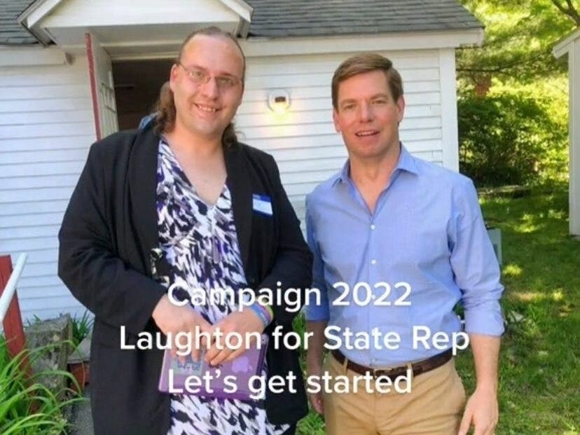 Then-state Rep. Stacie Laugton, D-Nashua, left, campaigning with 2024 Democrat presidential candidate Rep. Eric Swalwell, D-CA.
