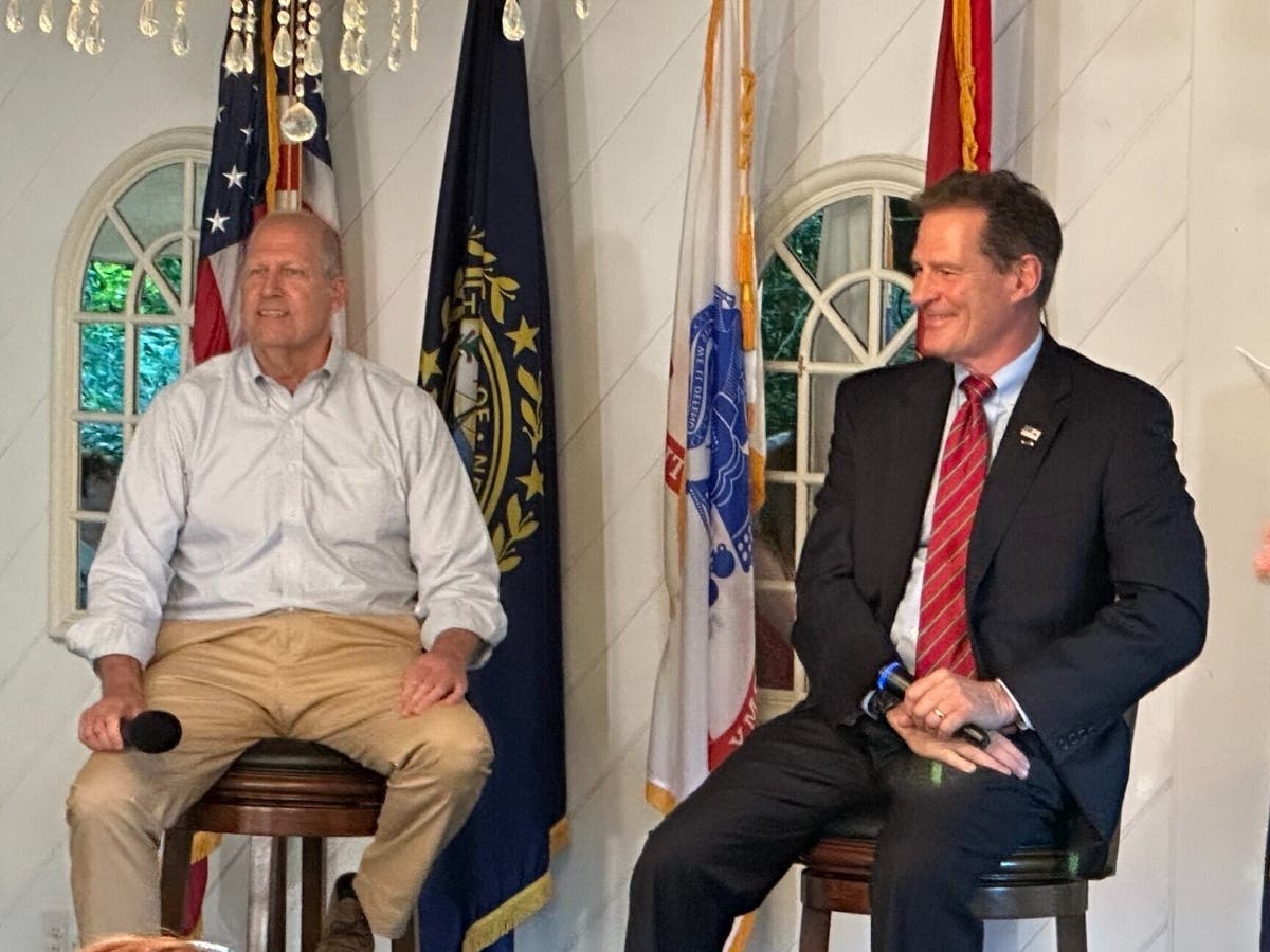 Former U.S. Sen. John E. Sununu, left, and former U.S. Sen. Scott Brown debated on June 24.