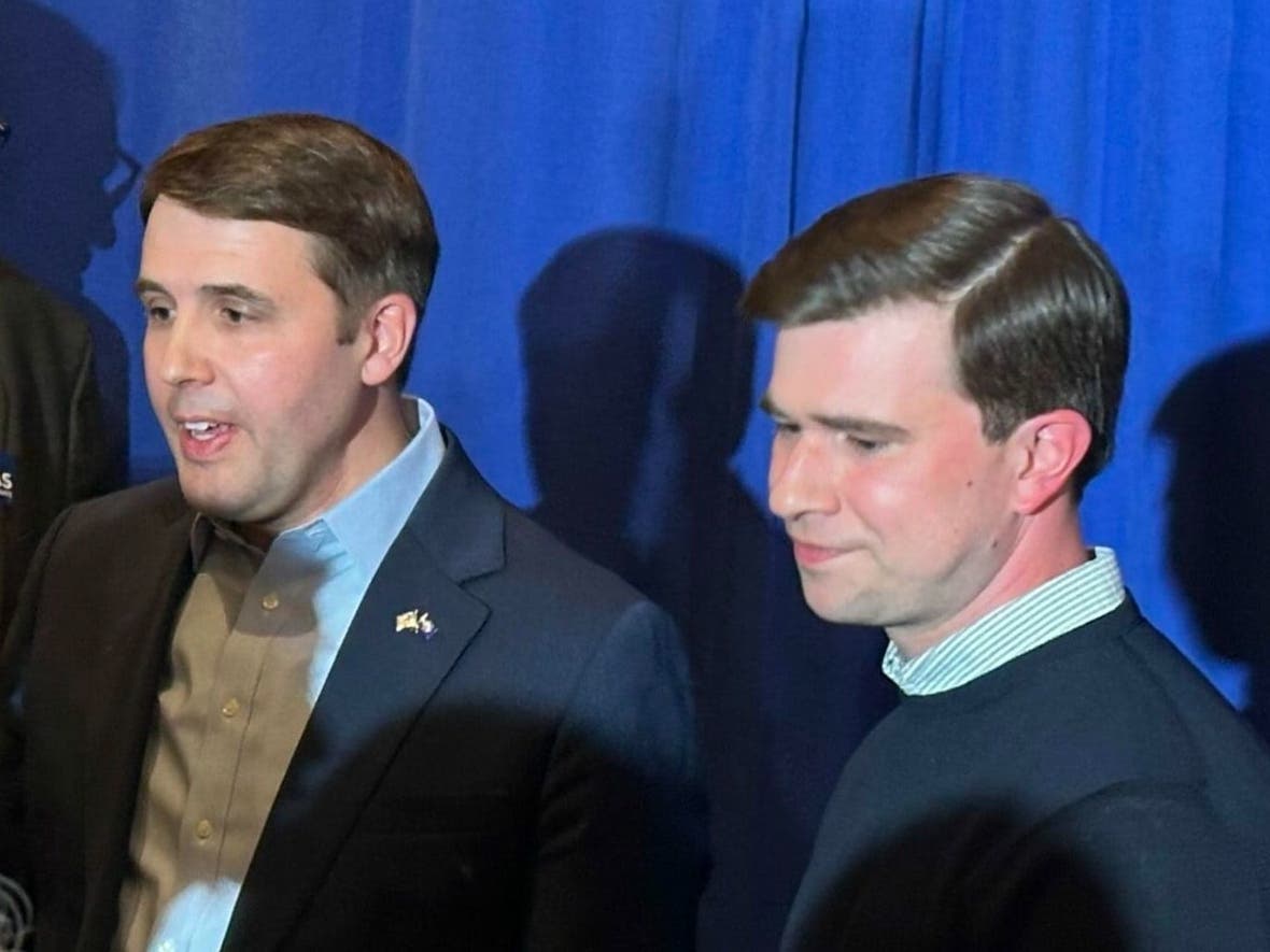 Rep. Chris Pappas and his husband, Vann, greet supporters after announcing his U.S. Senate bid on April 3, 2025.