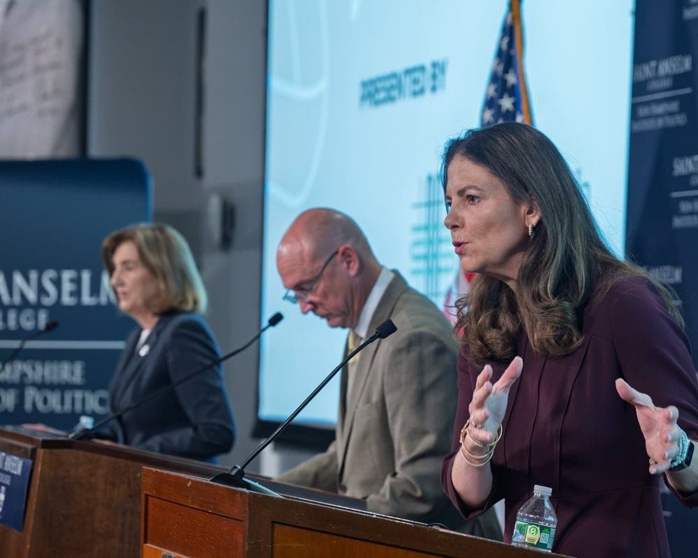 Gov. Kelly Ayotte makes a point during the first New Hampshire governor's debate Tuesday.