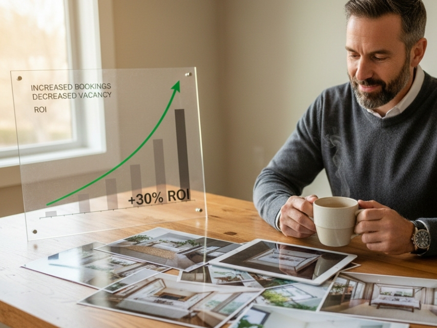 Property rental owner sits at a wooden table viewing property images for marketing vacation rentals and a transparent acrylic display showing a green upward-trending ROI graph for his properties.