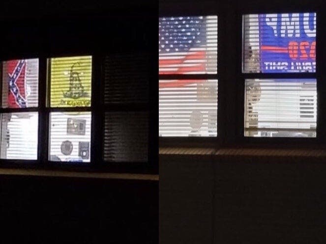 Photos of a Confederate and “Don’t tread on me” flag, as well as an American and Trump 2020 flag on display at a Levittown Fire Department station in Bethpage.