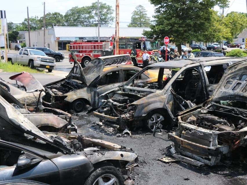 Local firefighters rushed to the scene of a fire that broke out Wednesday afternoon inside of a parking lot behind Medford Avenue in East Patchogue, authorities said.