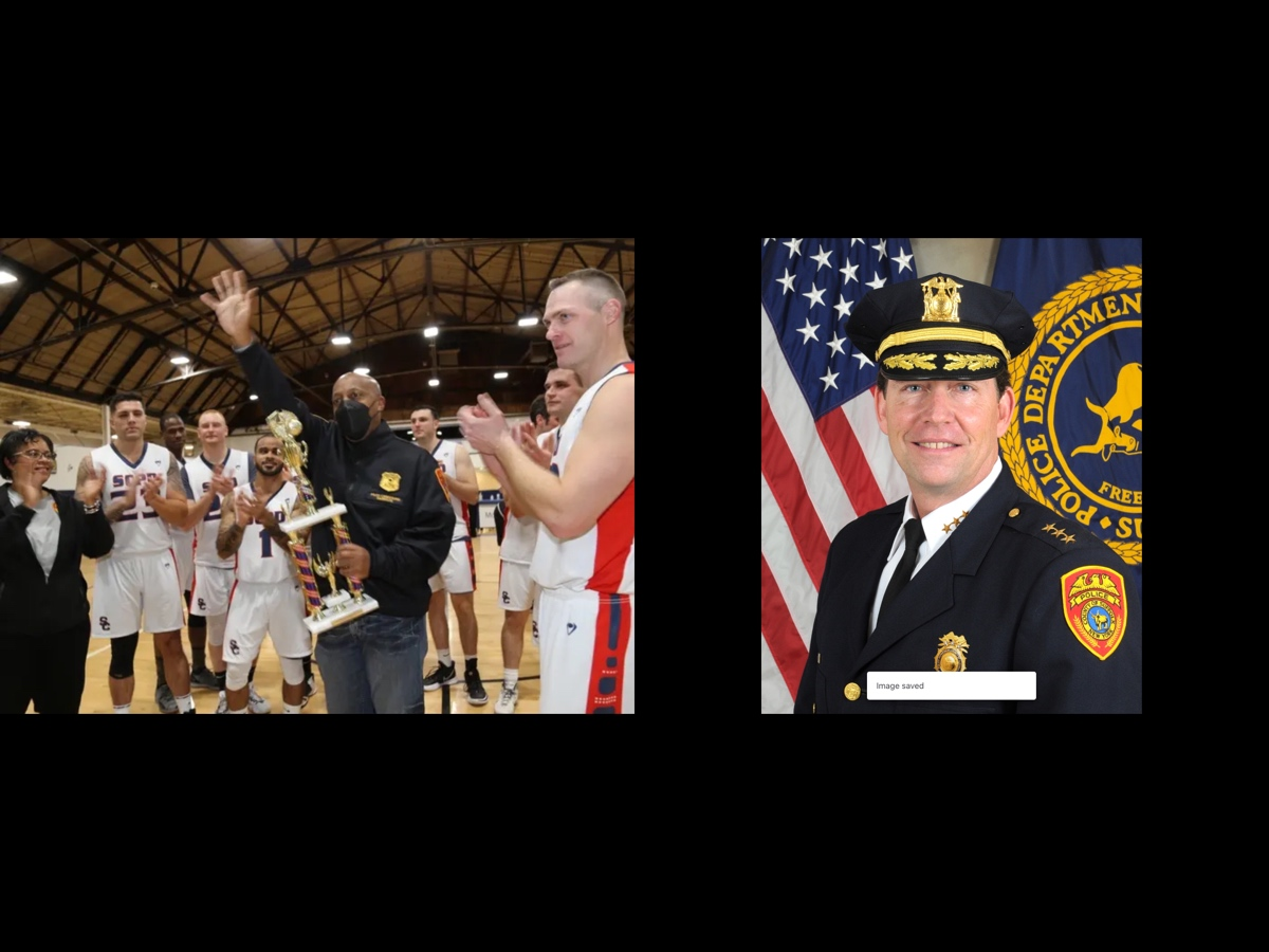 Suffolk Police Commissioner Rodney Harrison at a basketball game on Saturday, and new Chief of Department Robert Waring.