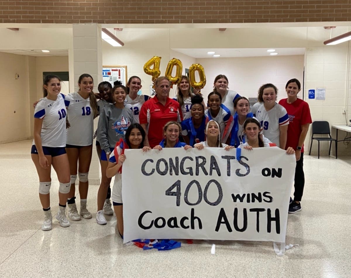 Bellport High School varsity volleyball coach Larry Auth recently celebrated his 400th career victory, South Country School District officials said.