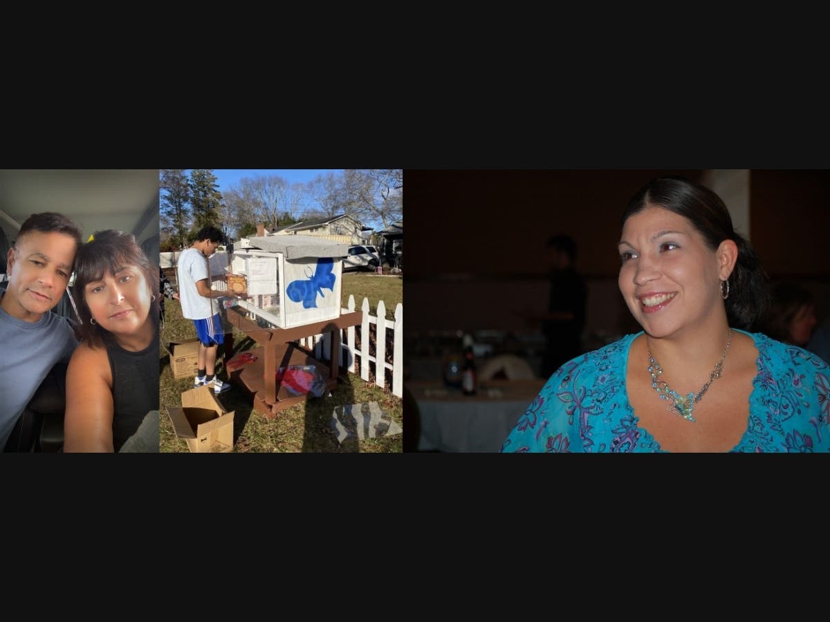 Lisa Cucuzza-Jimenez started 'Lil Bit's' Blessing Box outside her Medford home after her niece, Elizabeth, was slain. From left, Lisa and her husband, the blessing box, and Elizabeth.