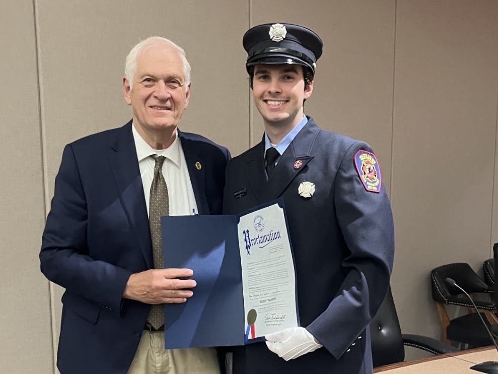 Setauket Fire Department’s Robert Murphy, right, was named Suffolk County’s LD5 Volunteer Firefighter Honoree by Legislator Steven Englebright.