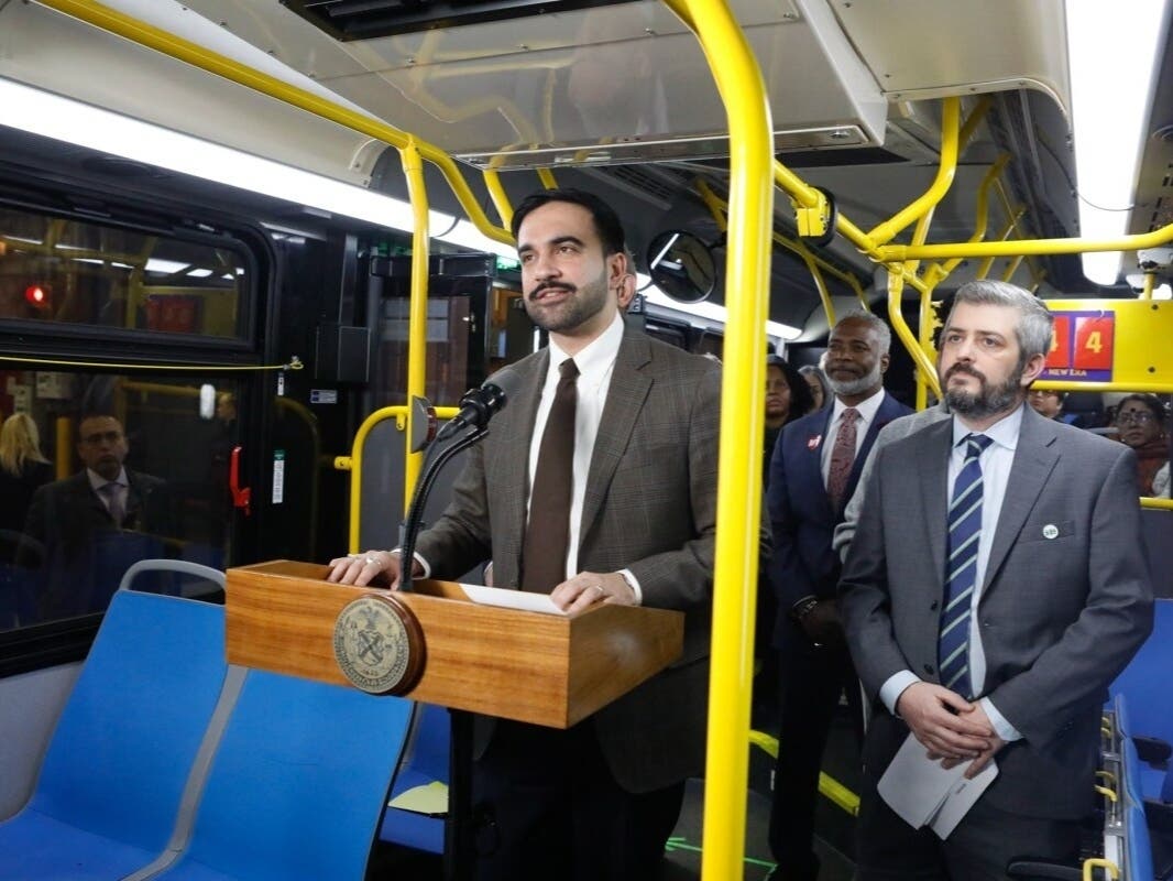 Mayor Zohran Mamdani speaks inside an MTA bus at the West Depot in The Bronx about providing free service, Feb. 13, 2026.