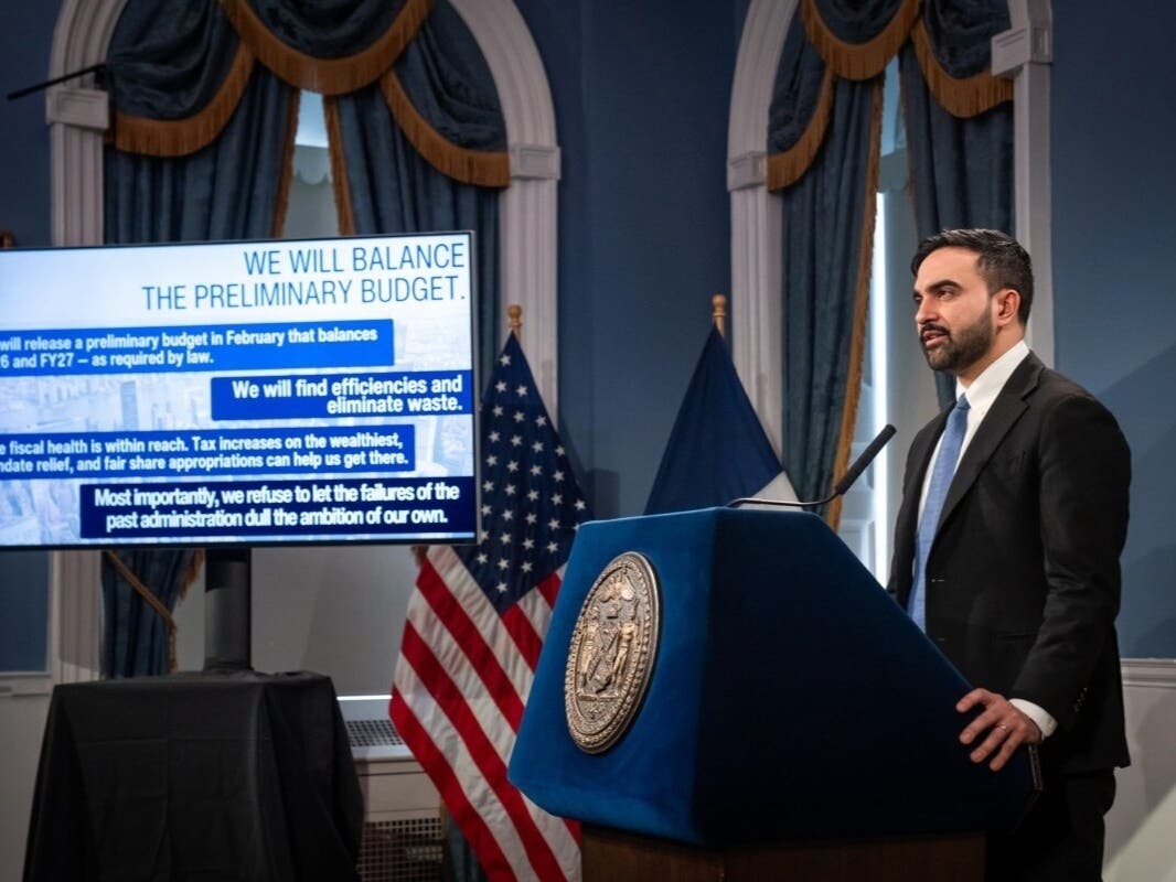 Mayor Zohran Mamdani speaks at City Hall about addressing a budget shortfall, Jan. 28, 2026.