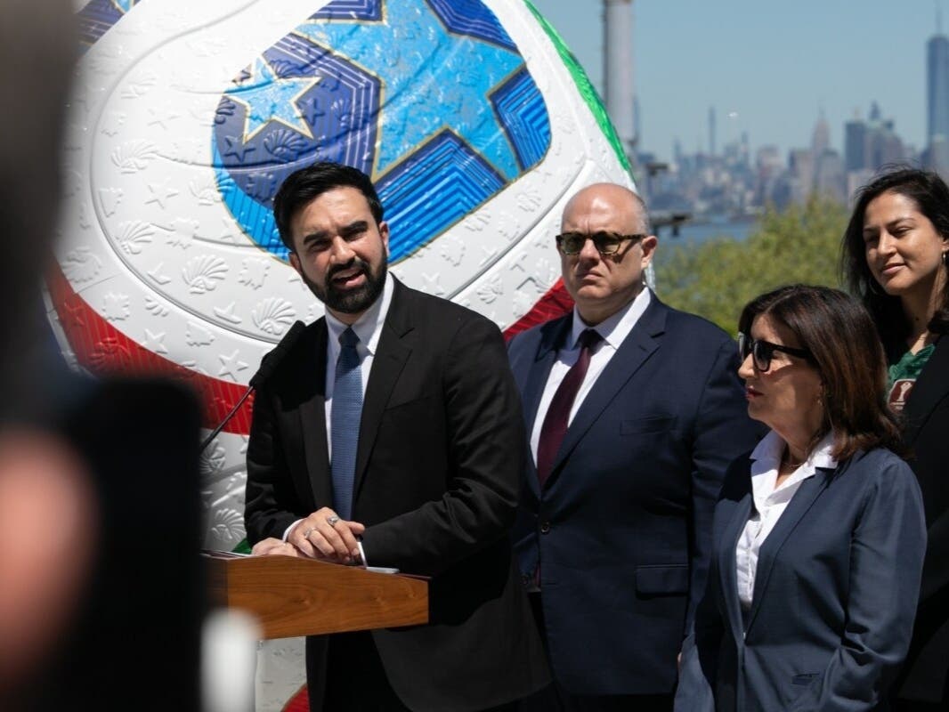 Mayor Zohran Mamdani speaks alongside Gov. Kathy Hochul at the Ferry Hawks baseball stadium on Staten Island about providing free World Cup viewing locations throughout the city, April 27, 2026.