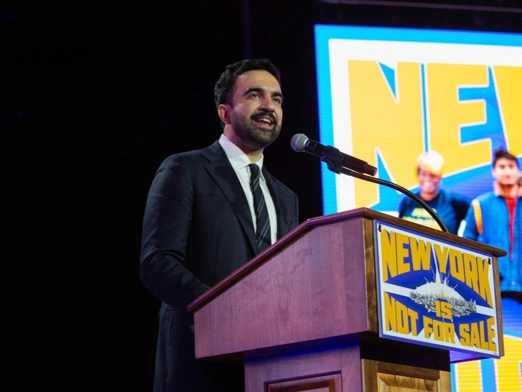 Democratic mayoral nominee Zohran Mamdani speaks in front of thousands of supporters at Forest Hills Stadium, Oct. 26, 2025.