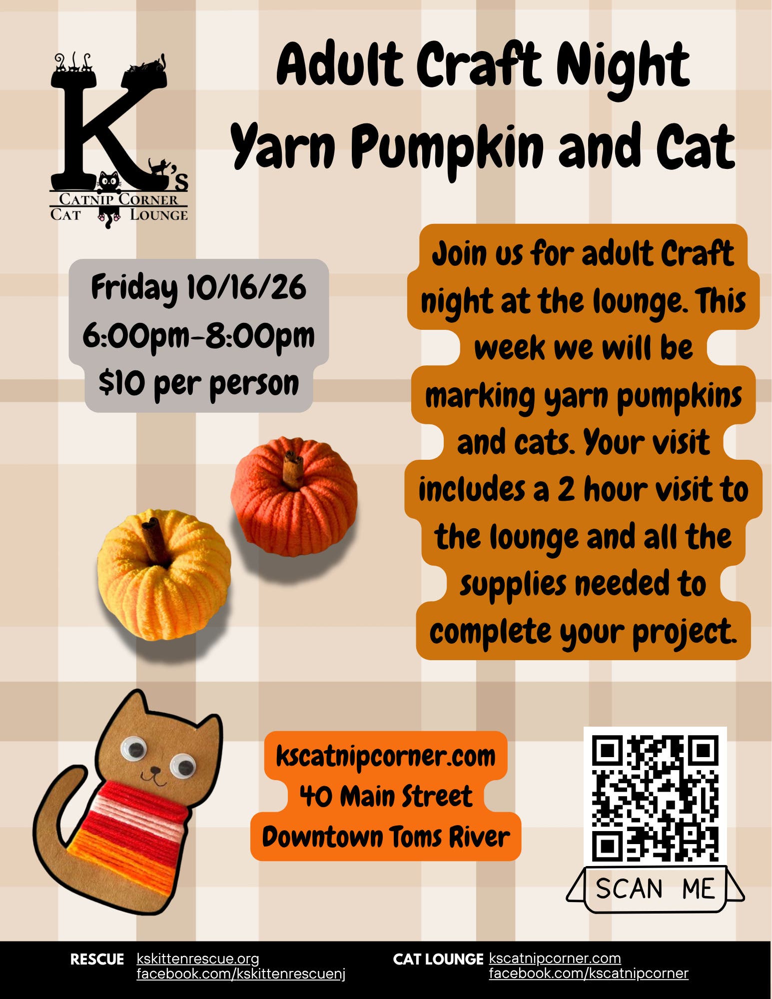 Yarn Pumpkin and Cat Adult Craft Night