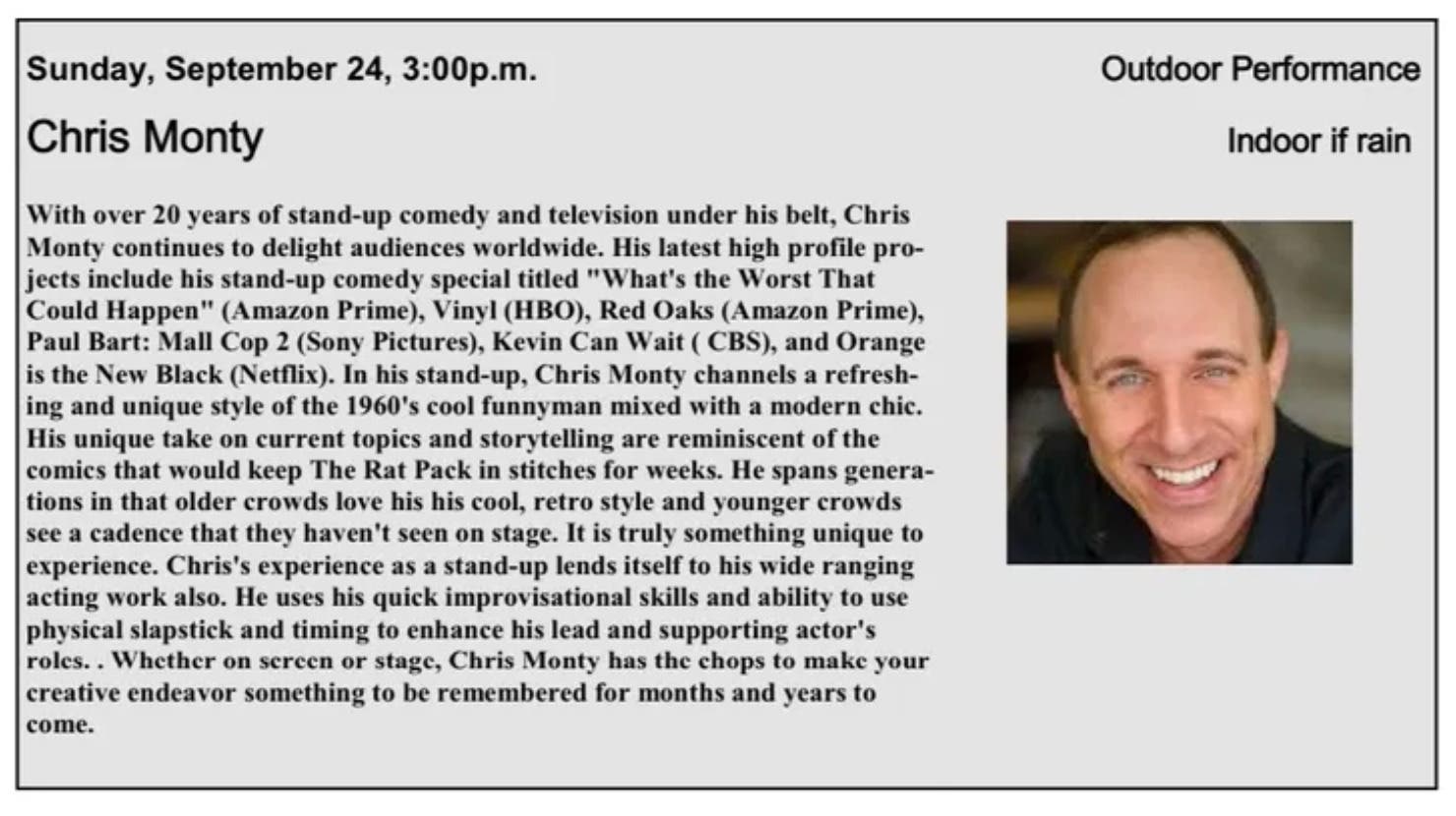 Sep 24 Comedian Chis Monty the Danbury Museum Danbury, CT
