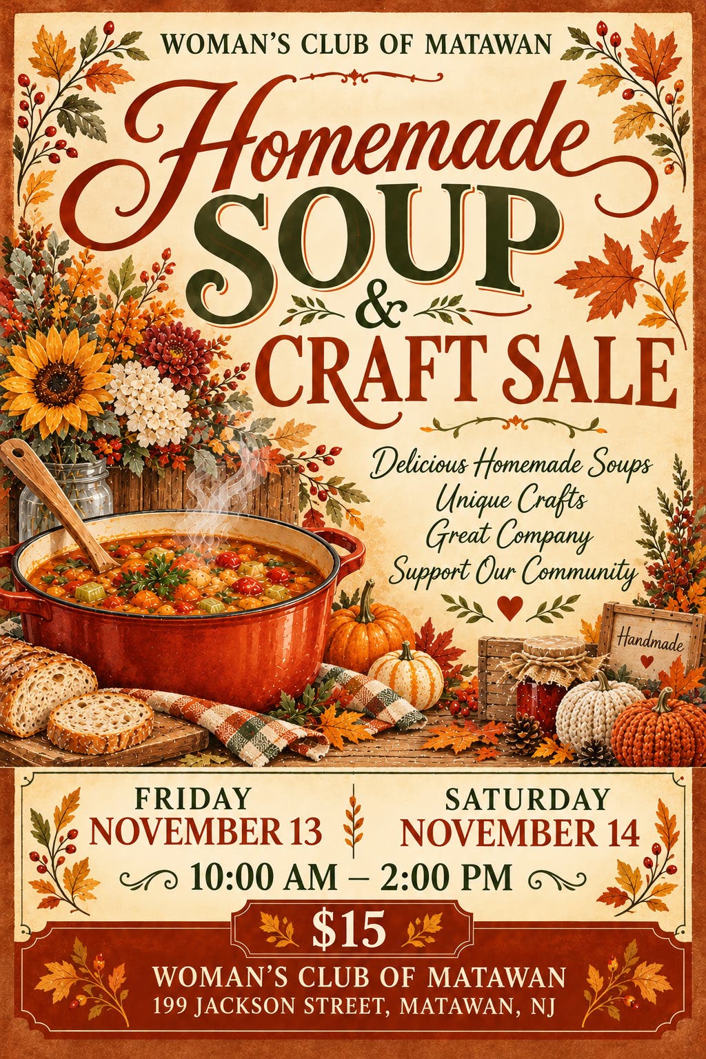 Soups & Sales of Holiday Crafts -  November 13 & 14, 10am - 2pm