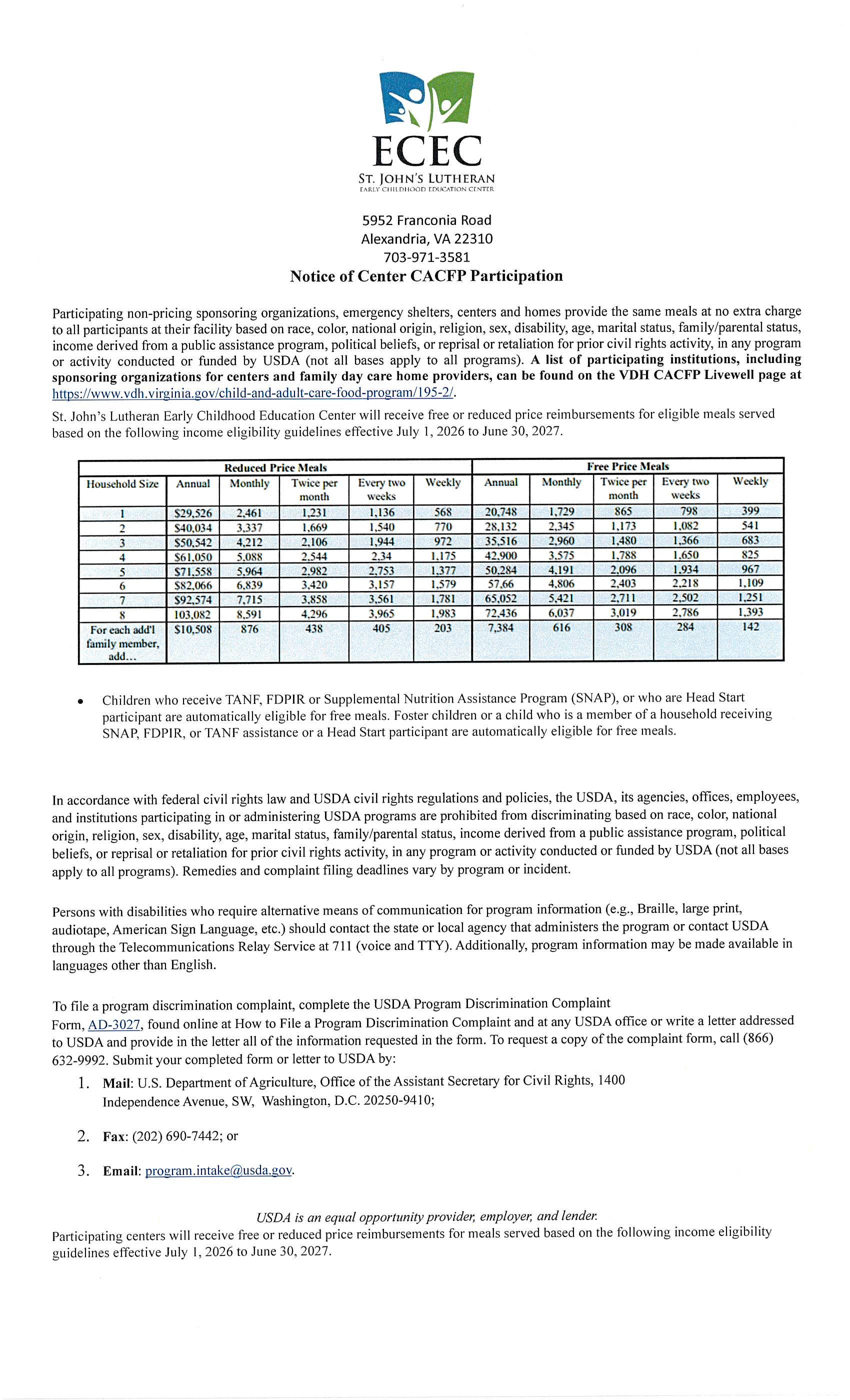 Notice of Center CACFP Participation