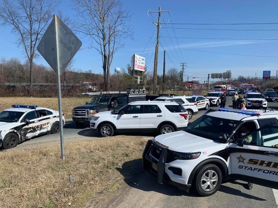 Two people were injured after a stolen truck struck several vehicles during a police chase through Stafford on Saturday afternoon. 