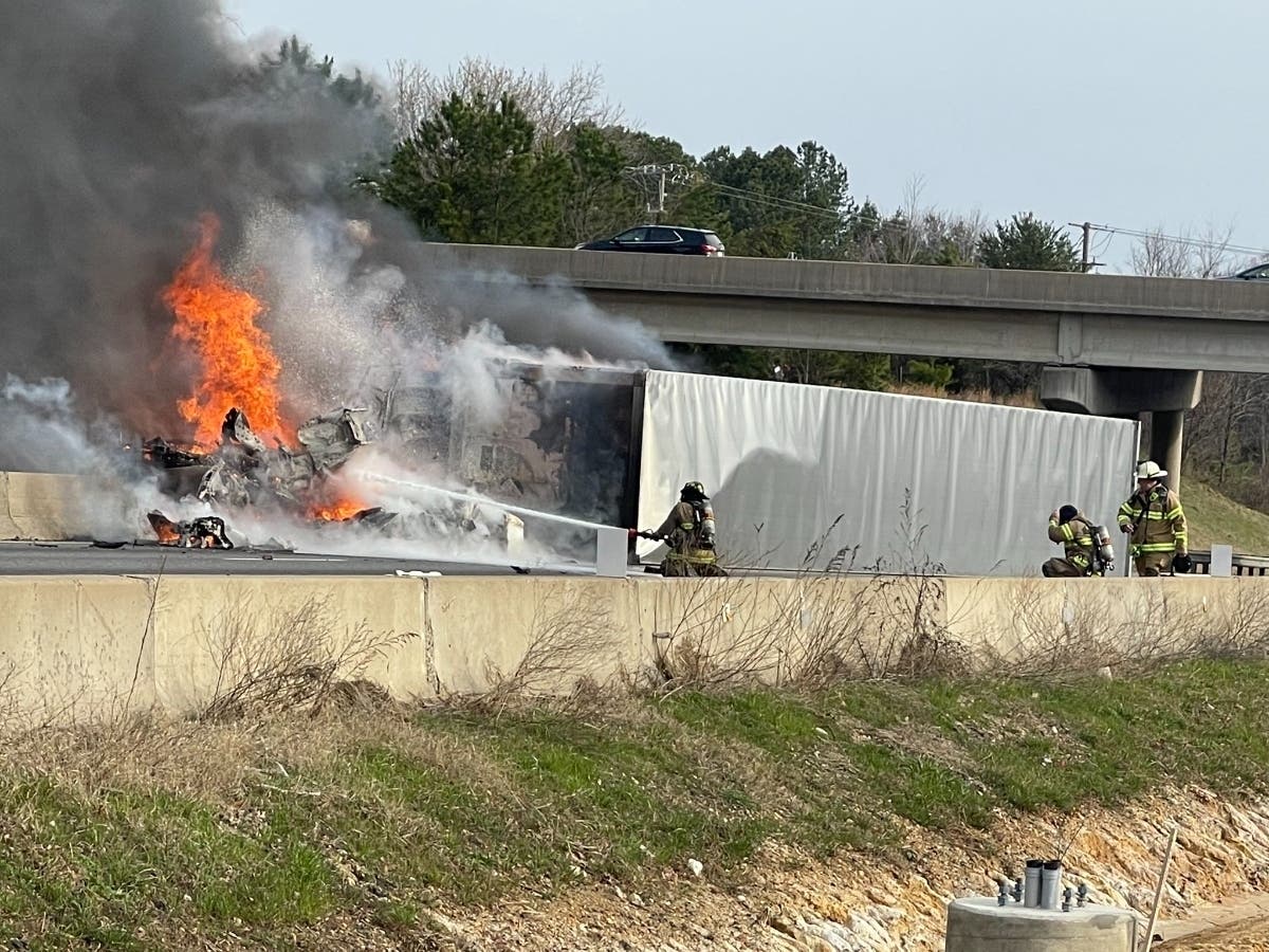 Interstate 95 was shut down in Stafford County on Wednesday morning, transportation officials said. A tractor trailer overturned and caught fire near exit 136 at Centreport Parkway. 