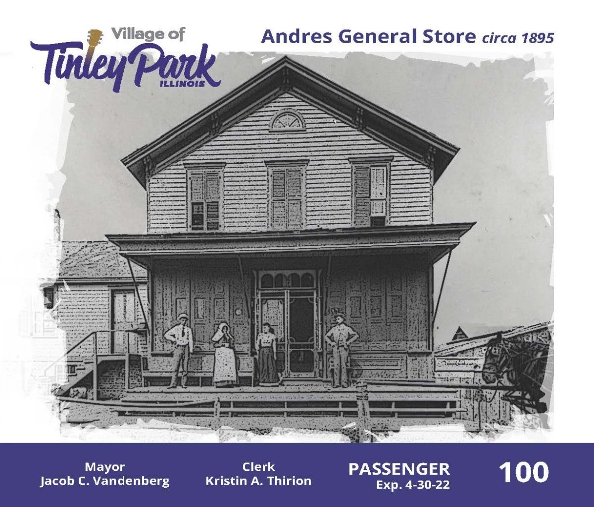 Tinley Park's 2021-22 vehicle sticker will go on sale April 1 at Village Hall and the Tinley Park Police Station. This year's sticker features the Andres General Store, which once stood on the current site of Primal Cut Steakhouse. 